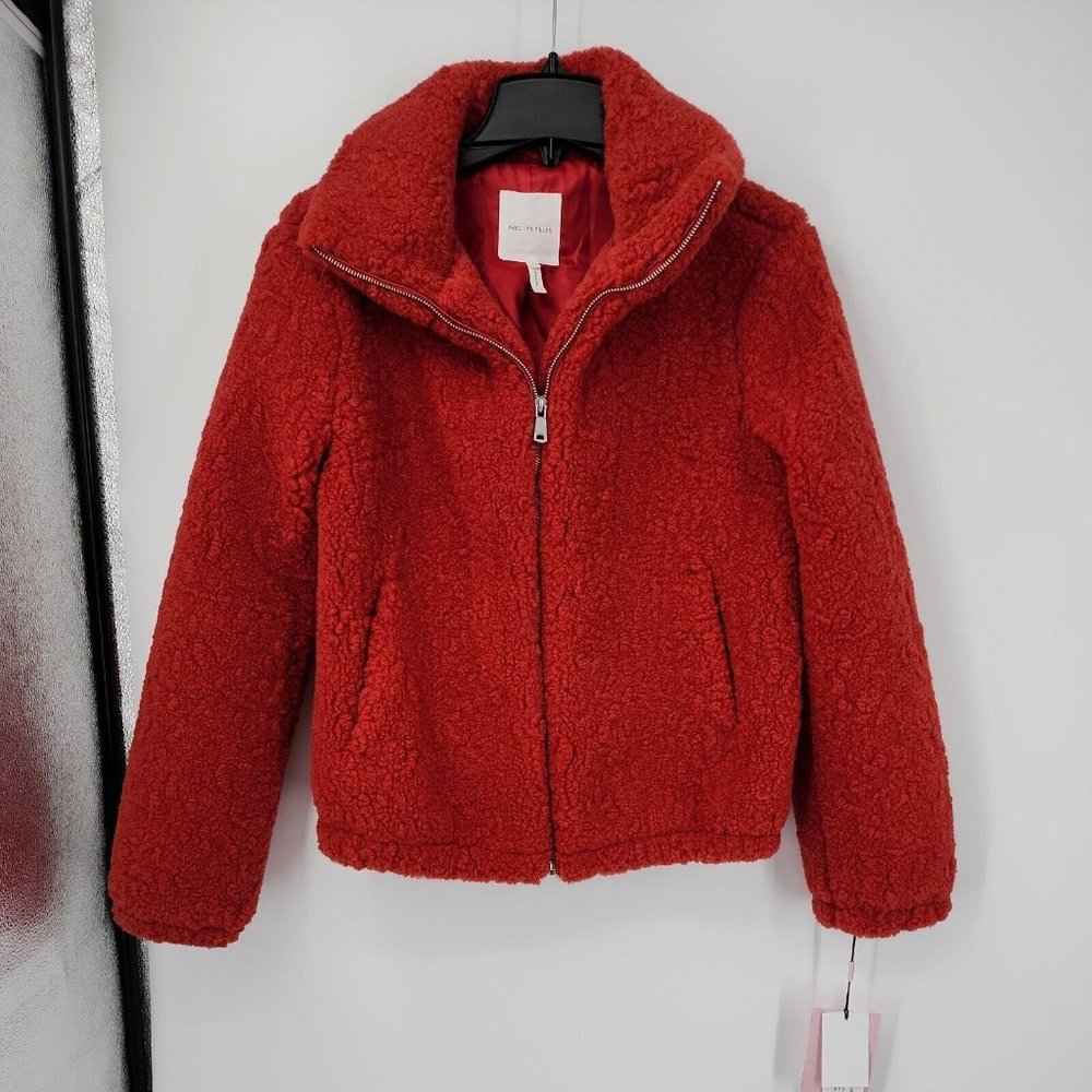 NEW avec les filles Faux Fur Red Full Zip Cozy Jacket Womens Size XS Oversized